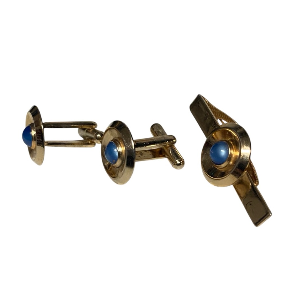 Vintage MCM Tie Clip Cufflink Set Gold Tone Metal Cabochon Blue Inset Stone